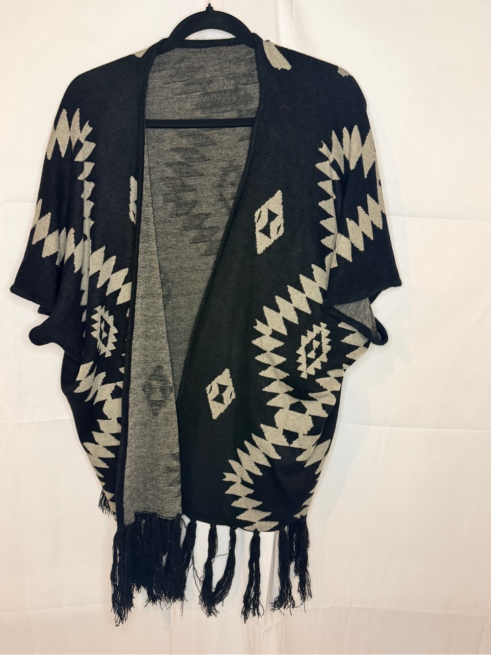 Black and Cream Aztec Fringe Open Cardigan